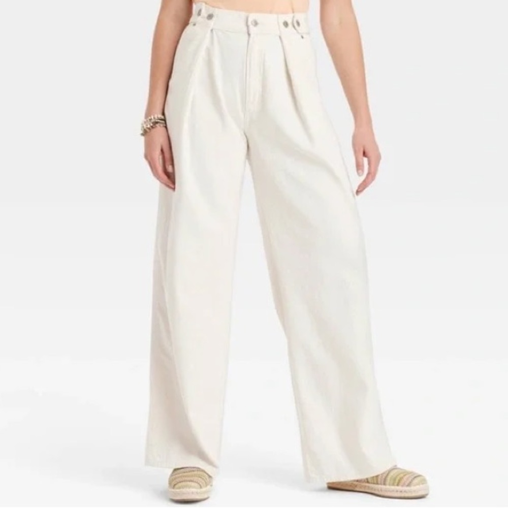 High-rise Wide Leg Pleated Jean Pants - Cream/Ecru